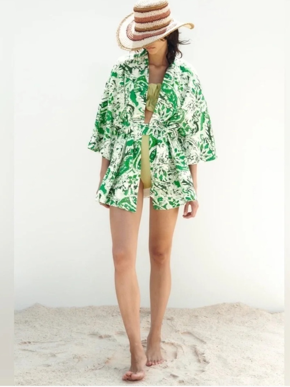 Zara White and Green Printed Linen-Blend Kimono Jacket